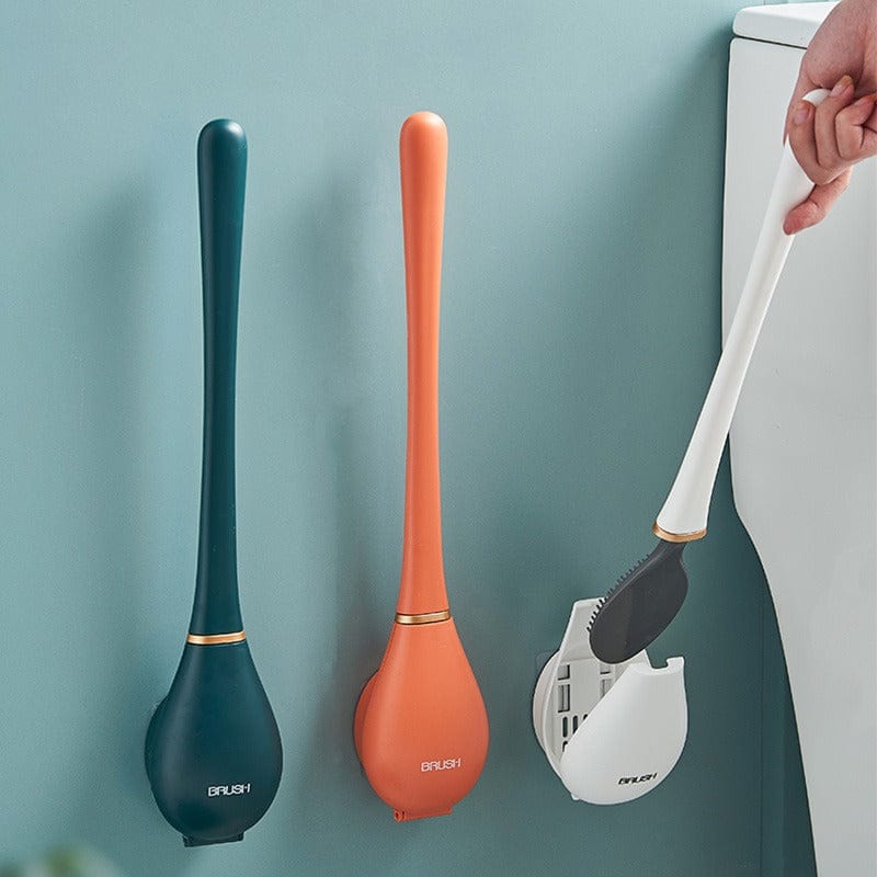 Flat Head Toilet Brush in Silicone | Wall Mounted Holder with an Adhesive Pad | Five Colors, Tips Dry Quickly After Use