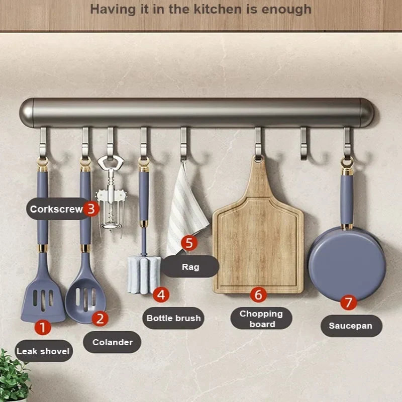 Kitchen Organizers Hook Rail, 30 or 50 cm in Aluminum | Mounts on the Wall Without Marks | Water and Rust Resistant, Gray