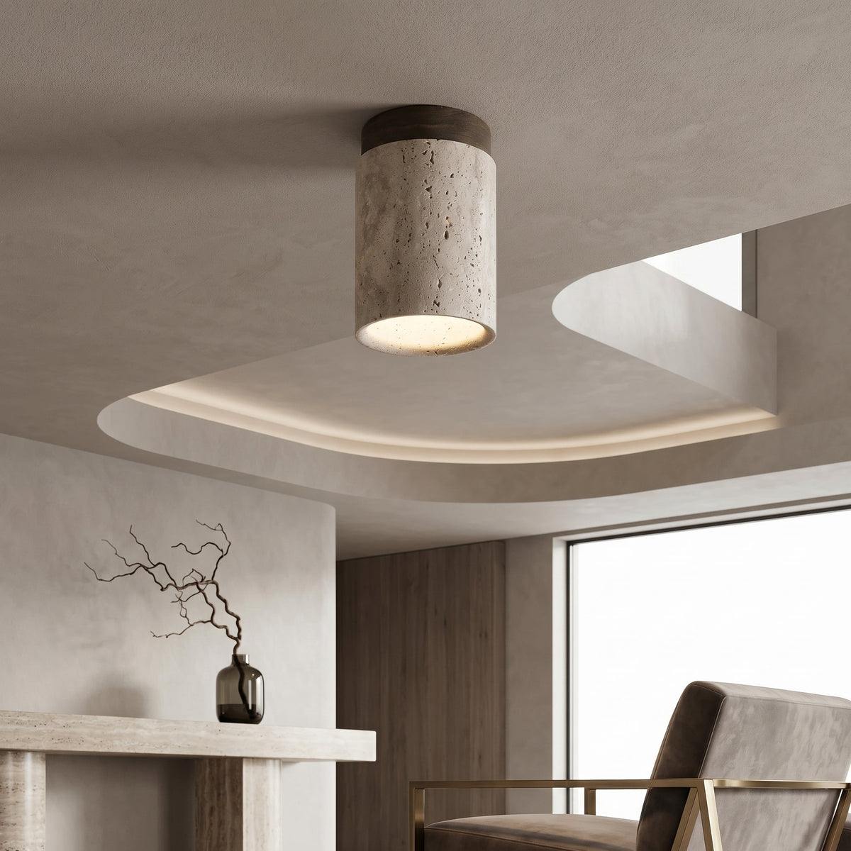 Travertine Ceiling Spotlight with Integrated LED | 3 Color Temperatures, 50,000 Hour Lifespan | Genuine Stone Construction