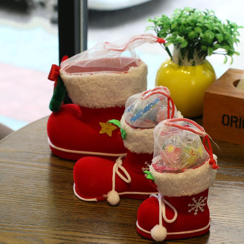 Red Velvet Boot Christmas Tree Decorations with Mesh Bag