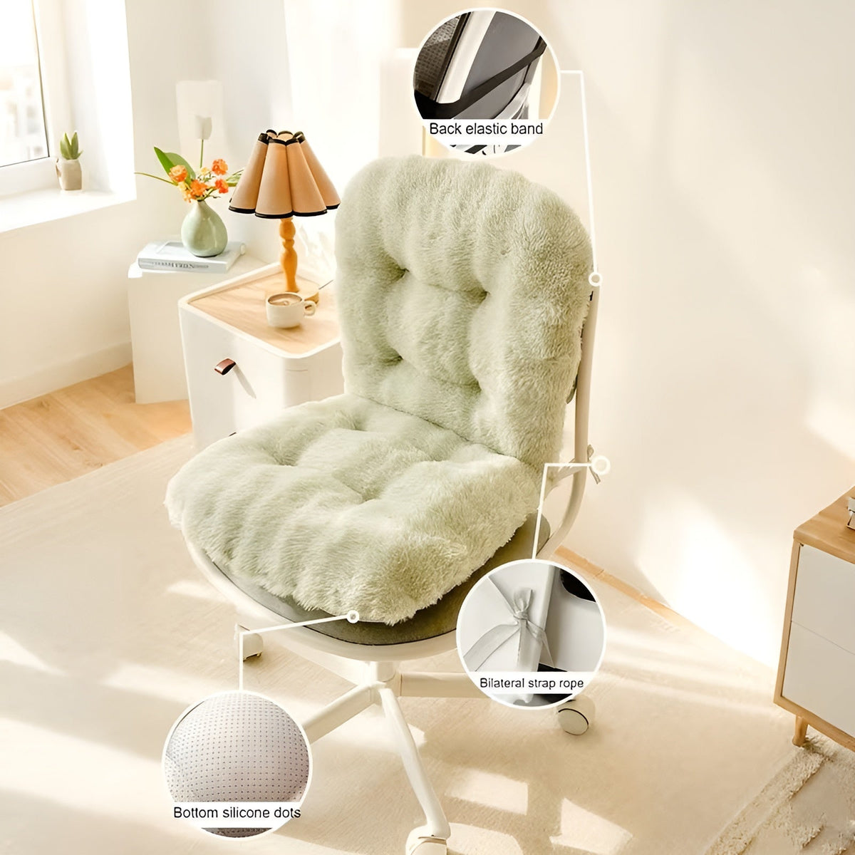 Faux Fur Seat Cushion with Attached Backrest | Non-Slip Base and Tie Straps for Dining or Office Chairs | 4 Colors