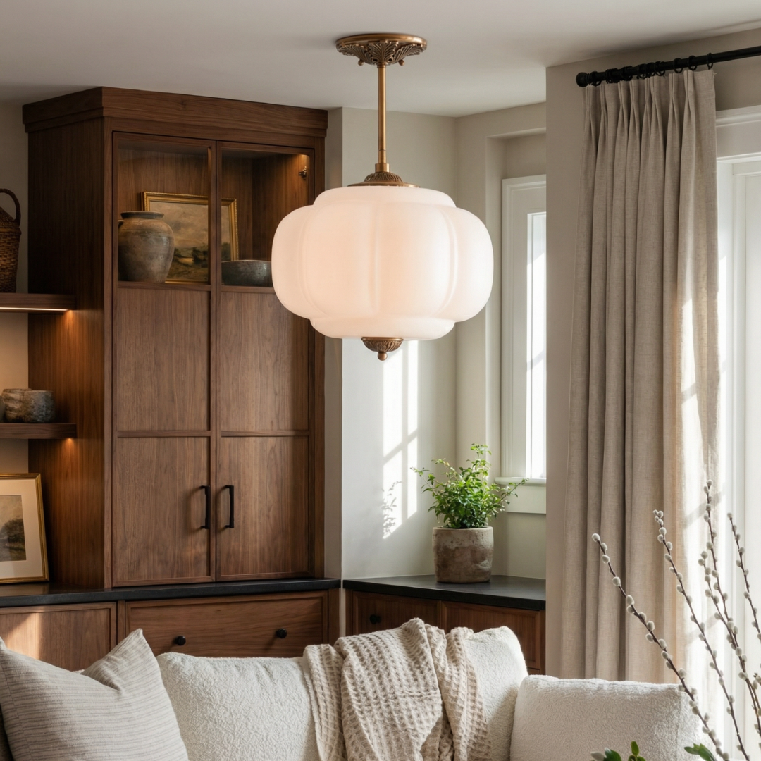 Pumpkin-Shaped Glass Pendant Light with Brass Frame | Adjustable Hanging Rod | Even Illumination for Dining and Kitchen Areas