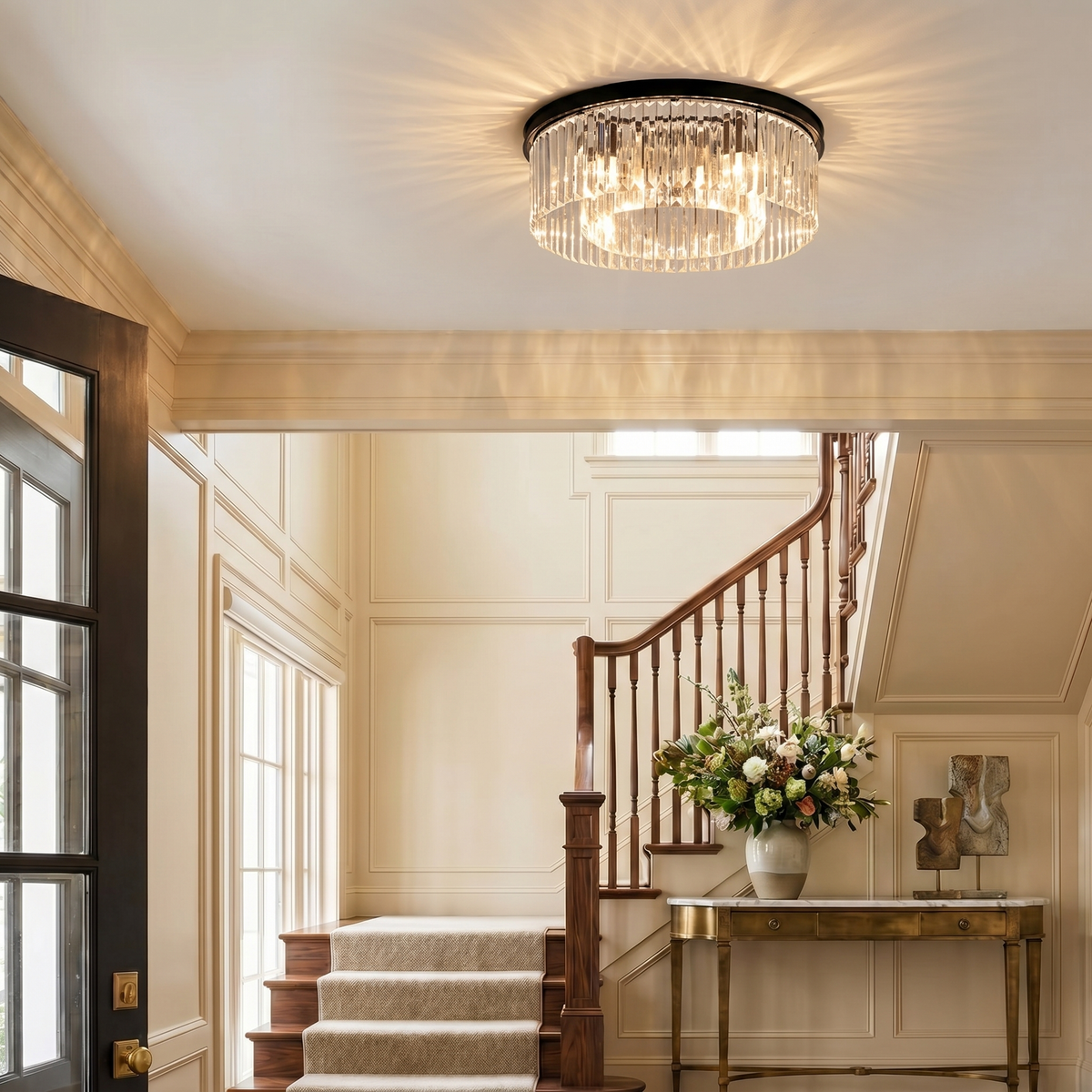 Ribbed Glass Ceiling Light with Metal Frame | Textured Diffuser Design | Soft Even Glow for Bedrooms and Entryways