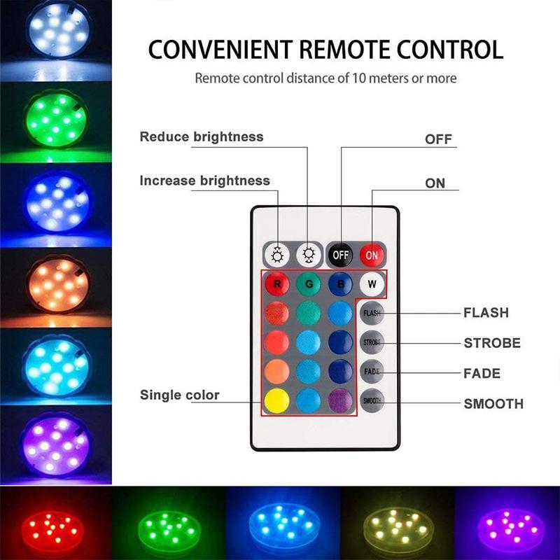 Submersible Waterproof LED Lights with a Remote | 13 Beads, 16 Colors, Magnet and Suction Cup | IP68, Runs on AAA Batteries