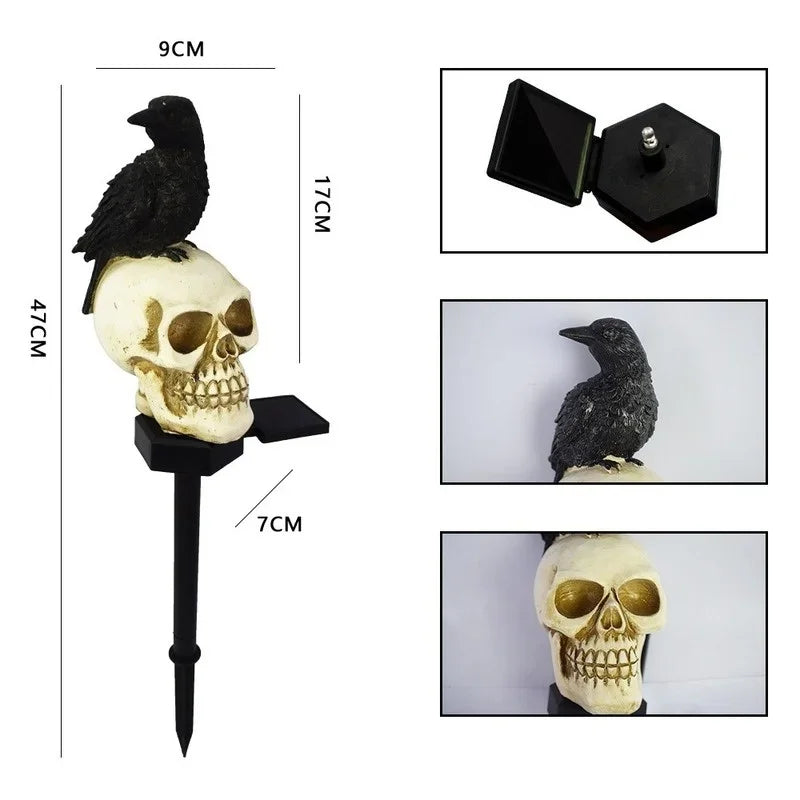 Solar Halloween Skull Stake Light | Warm White LED With 6 To 8 Hour Runtime | Waterproof Resin, Two Head Positions