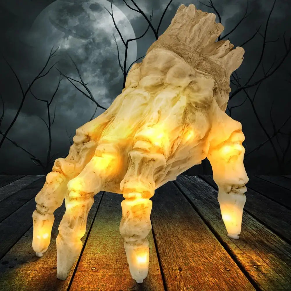 Animated crawling skeleton hand Halloween prop with glowing lights