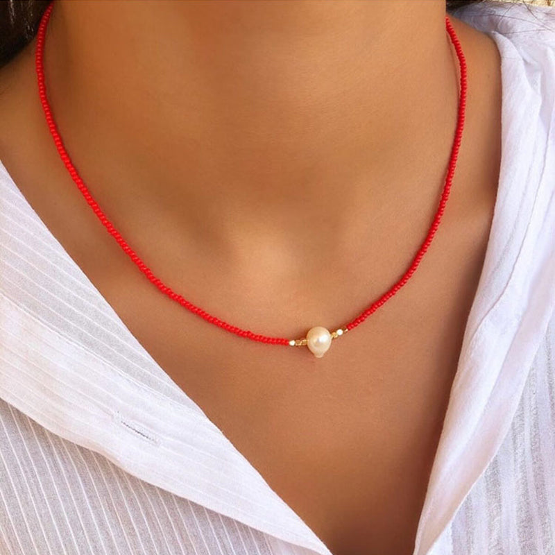 Freshwater Pearl Necklace with Colorful Rice Beads | Titanium Steel Chain for Everyday Wear | Five Color Options