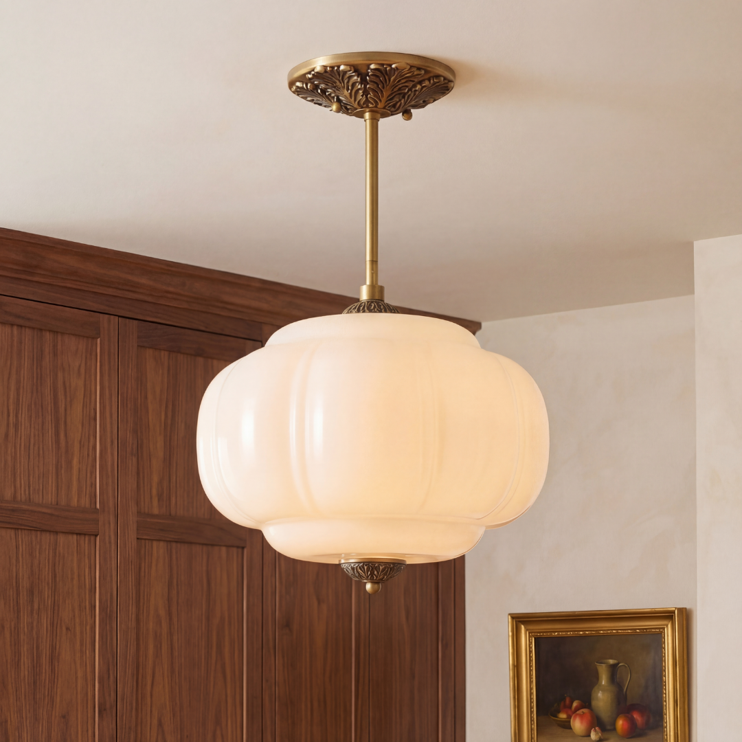 Pumpkin-Shaped Glass Pendant Light with Brass Frame | Adjustable Hanging Rod | Even Illumination for Dining and Kitchen Areas