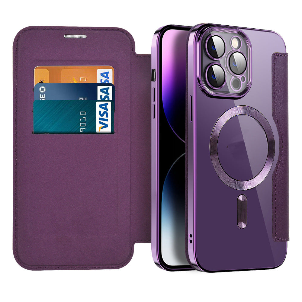 Magnetic Flip iPhone Cases with Card Slot and RFID Shielding | Clear Shockproof Back, Fits 15 Pro Max to 12