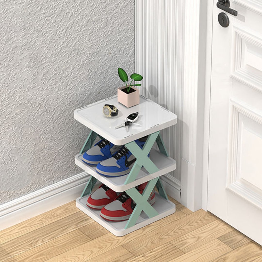 Shoe Rack with Three to Eight Vertical Tiers for Narrow Halls | Side Guards and a Top Shelf | Waterproof PP in Orange, Blue or Green