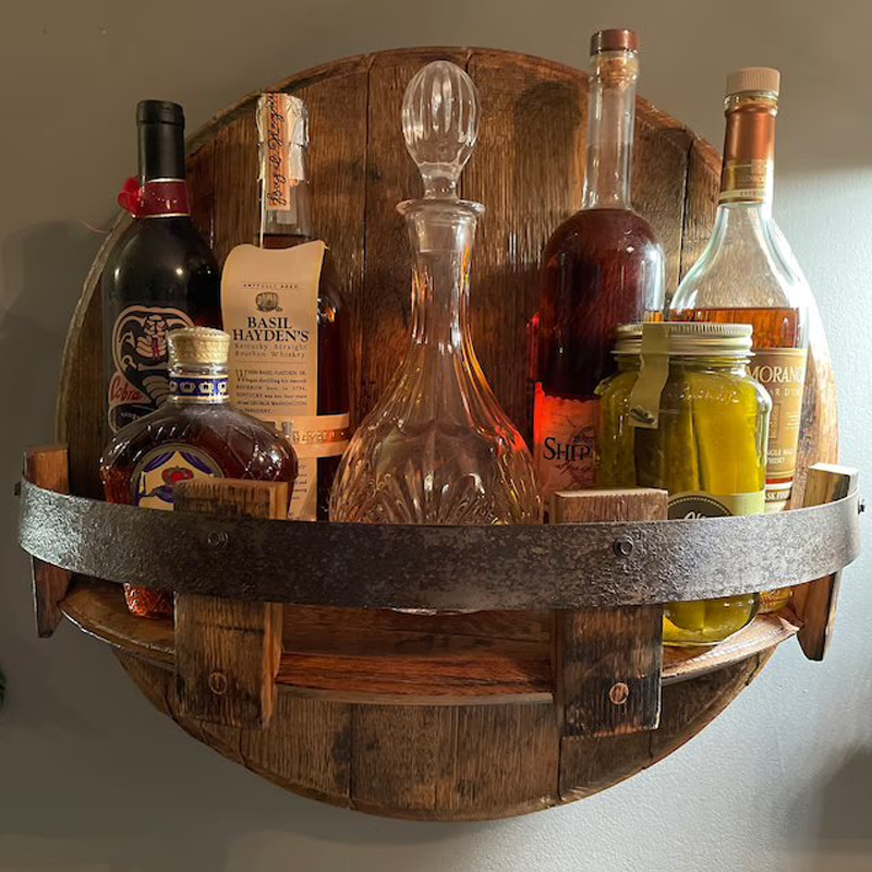 Whiskey Barrel Round Shelves for Wall Mounting | Rustic Solid Wood Bottle and Glass Display | Home Bar Storage