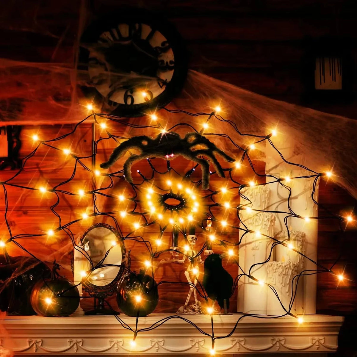 Halloween Spider Web Light | 70 LEDs With 8 Modes In Purple Or Orange | IP65 Waterproof With Bendable Black Spider