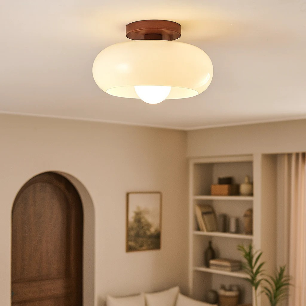 Bauhaus Glass Ceiling Light with Wood-Toned Base | Cream Glass Shade | Soft Diffused Glow for Bedrooms and Hallways