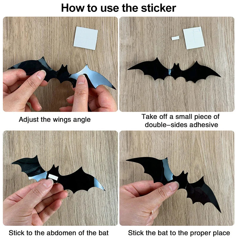 Close view of a black PVC bat decal with folded wings