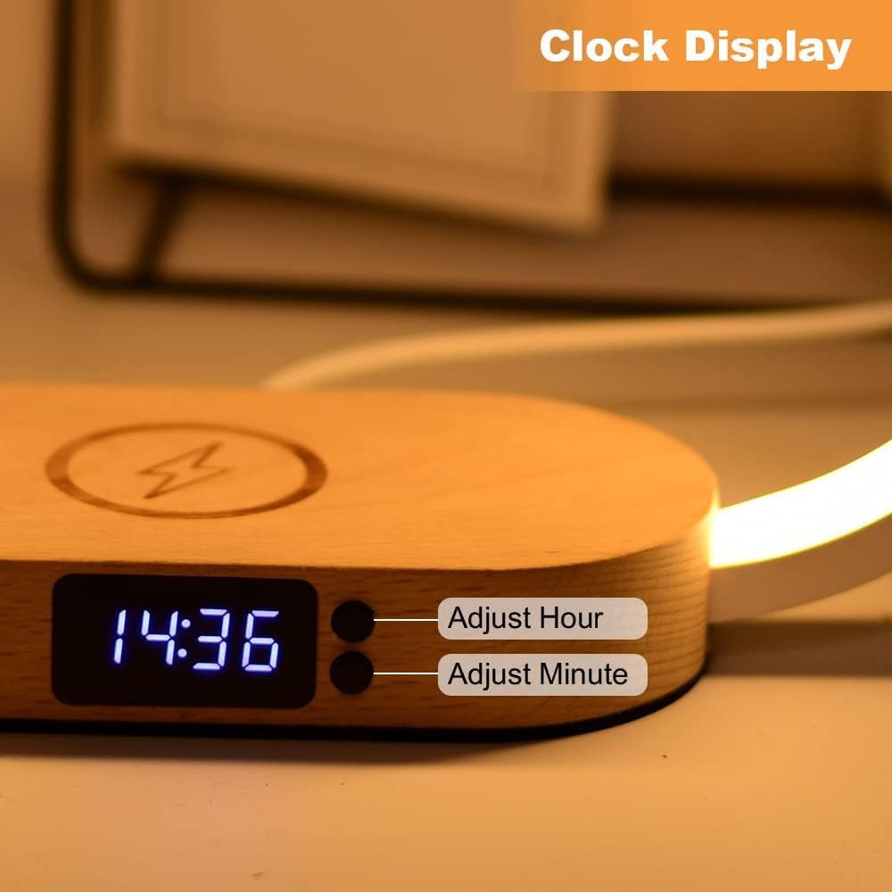 LED Table Lamp with Wireless Charging Pad and Digital Clock | Five Color Modes, Touch Dimming | Wood Base