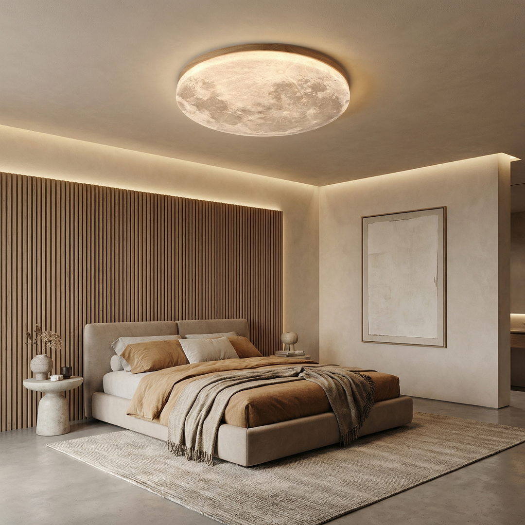 Moon-Inspired Ceiling Light with Wood-Toned Frame | Textured Diffuser Design | Soft Even Glow Without Harsh Glare