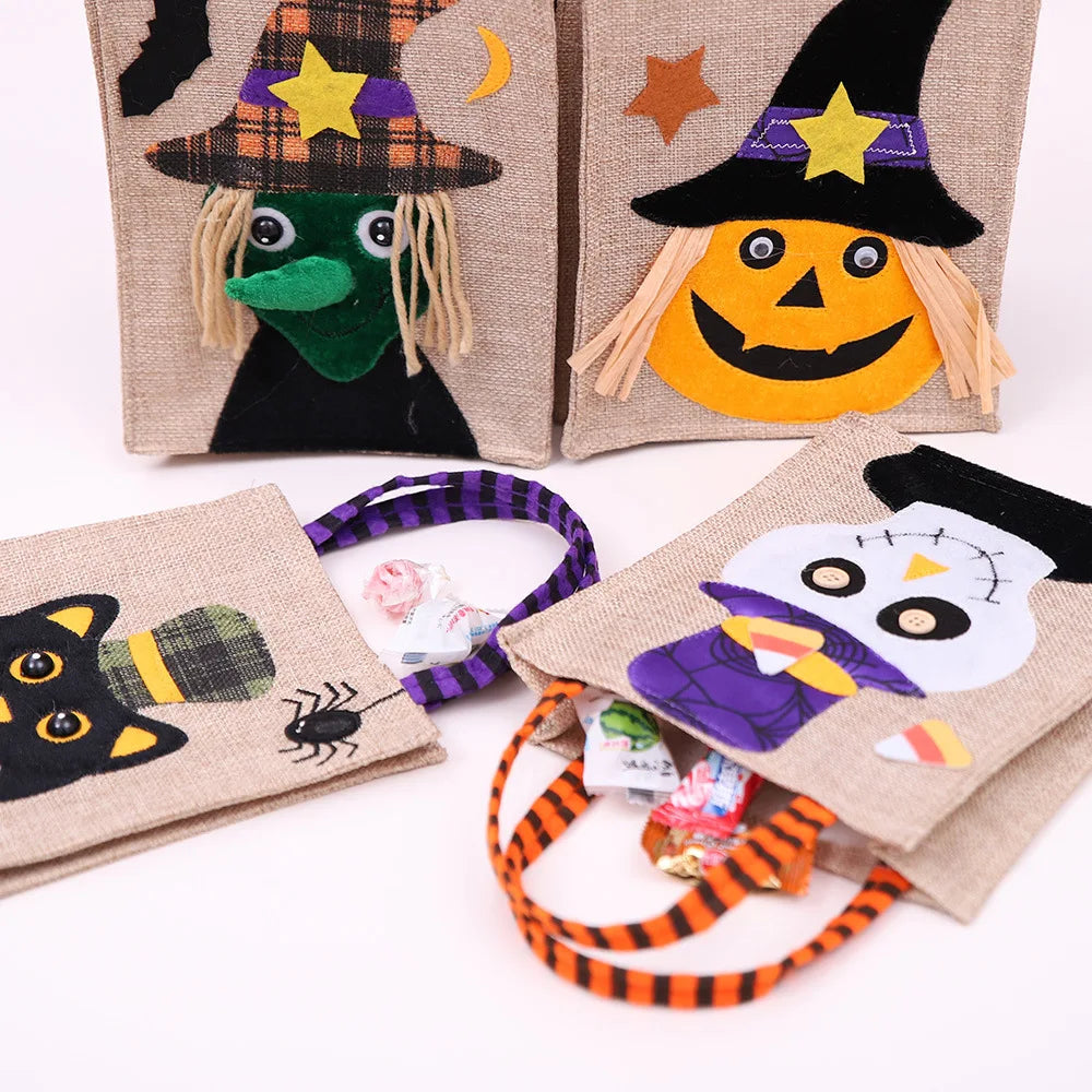Halloween Trick Or Treat Bag | 10.23 X 5.9 In Cotton Linen With Sturdy Handles | Pumpkin, Cat, Witch Or Skull Design
