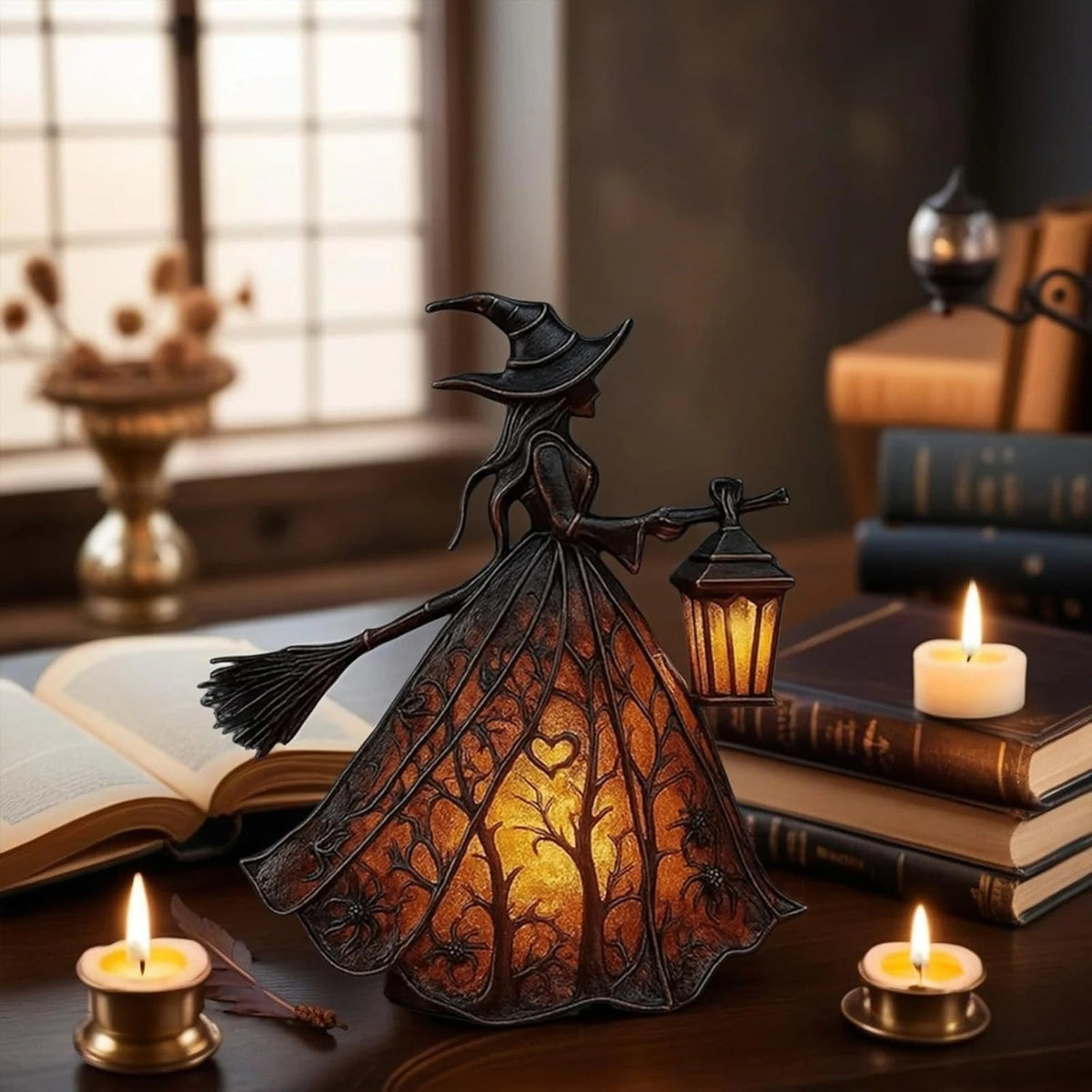 Halloween Witch Table Lamp | Resin Witch With Glowing Lantern | Battery Powered Warm Light for Desks and Mantels