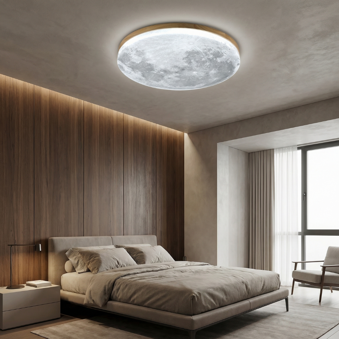 Moon-Inspired Ceiling Light with Wood-Toned Frame | Textured Diffuser Design | Soft Even Glow Without Harsh Glare