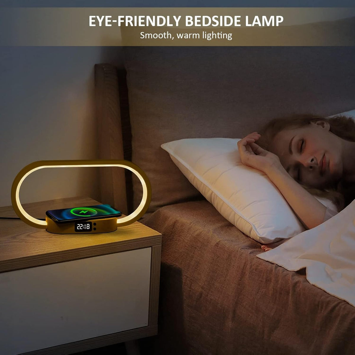 LED Table Lamp with Wireless Charging Pad and Digital Clock | Five Color Modes, Touch Dimming | Wood Base