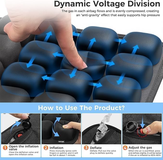 Inflatable Travel Seat Cushion with 36 Air Cells | Adjustable Firmness and Non-Slip Base | 3 Colors