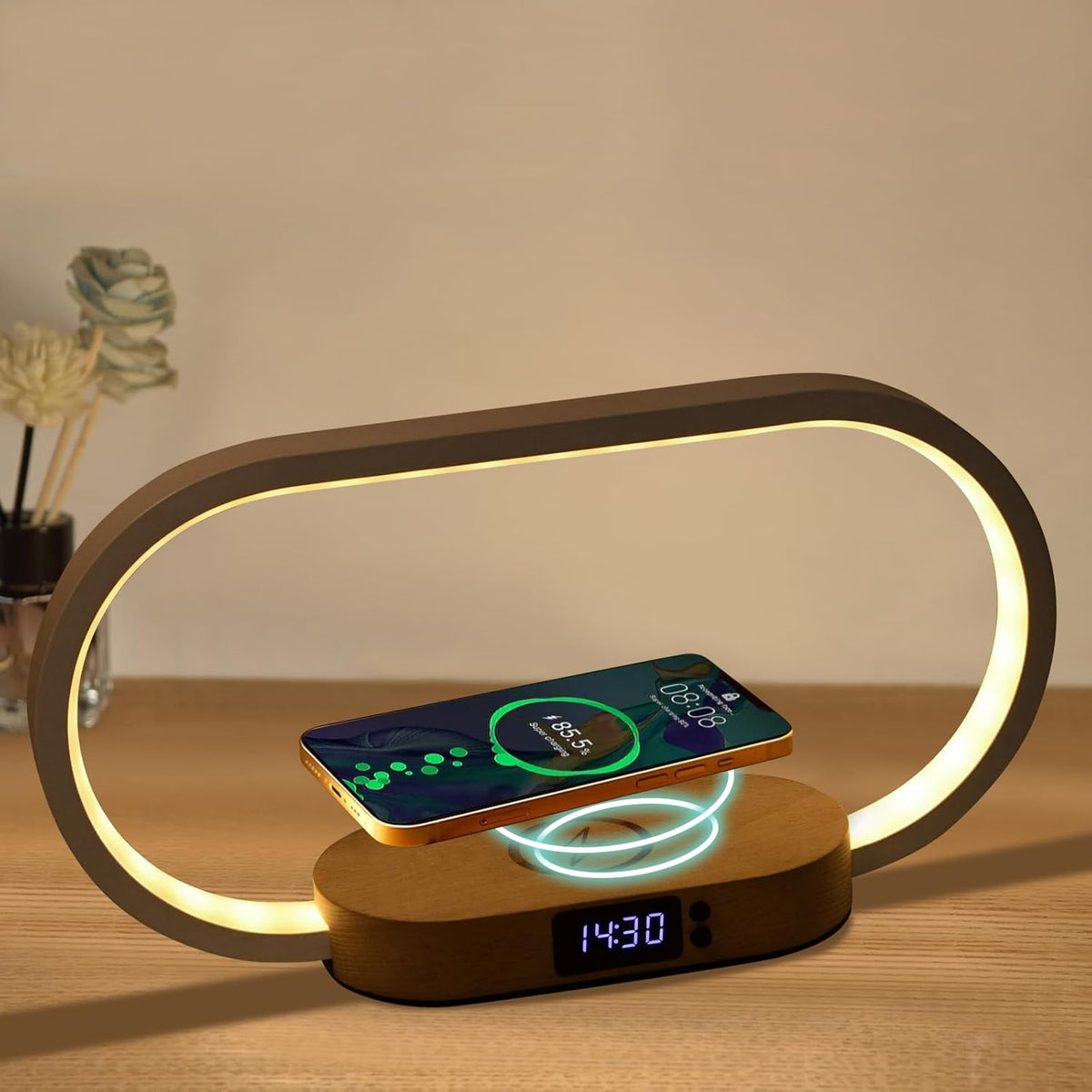 LED Table Lamp with Wireless Charging Pad and Digital Clock | Five Color Modes, Touch Dimming | Wood Base