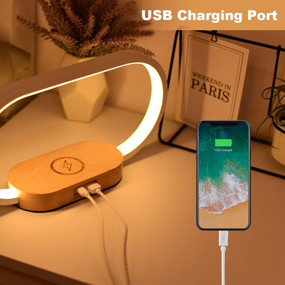 LED Table Lamp with Wireless Charging Pad and Digital Clock | Five Color Modes, Touch Dimming | Wood Base