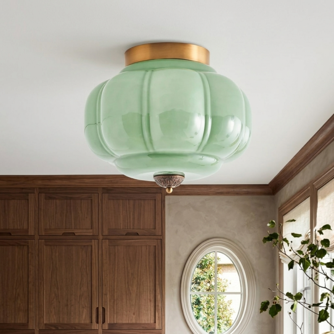 Milk Glass Ceiling Light with Pumpkin Shape | Metal Frame Design | Even Ambient Illumination for Kitchens and Bedrooms