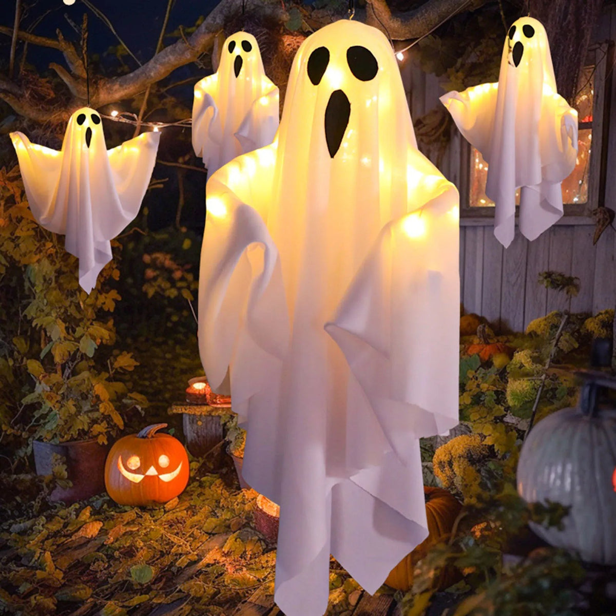 Hanging Halloween Ghost Decoration | 19.7 x 15.7 In PVC With 3 LED Light Modes | Battery Powered for Porch or Yard