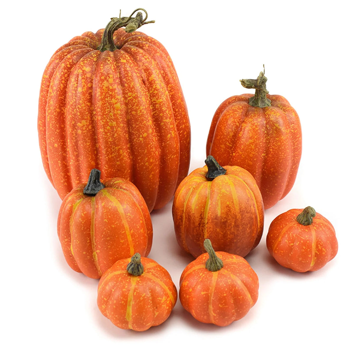 Realistic Fake Pumpkins, Set Of 7 | Dense Foam With Plastic Stems | Paintable Decor For Fall, Halloween Or Thanksgiving