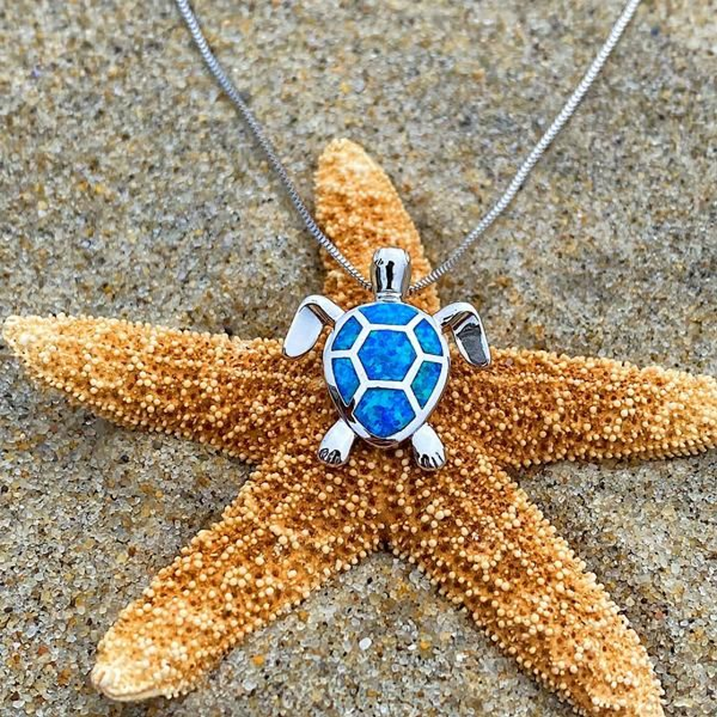Sea Turtle Pendant Necklace with Opal Inlay | Blue, Green, White or Purple Shell | Ocean Beach Jewelry Gift