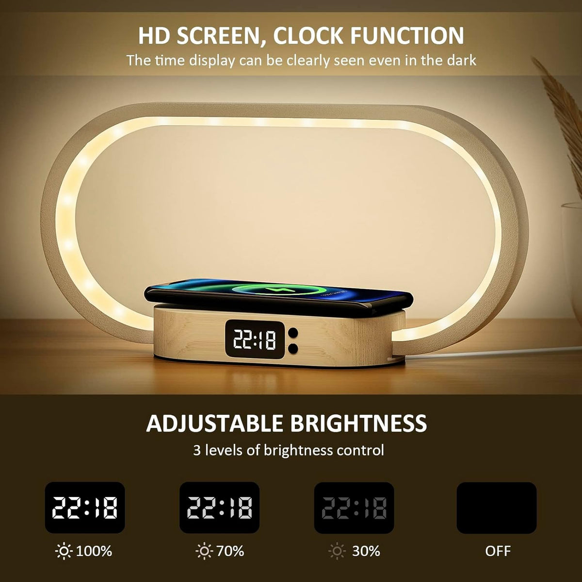 LED Table Lamp with Wireless Charging Pad and Digital Clock | Five Color Modes, Touch Dimming | Wood Base