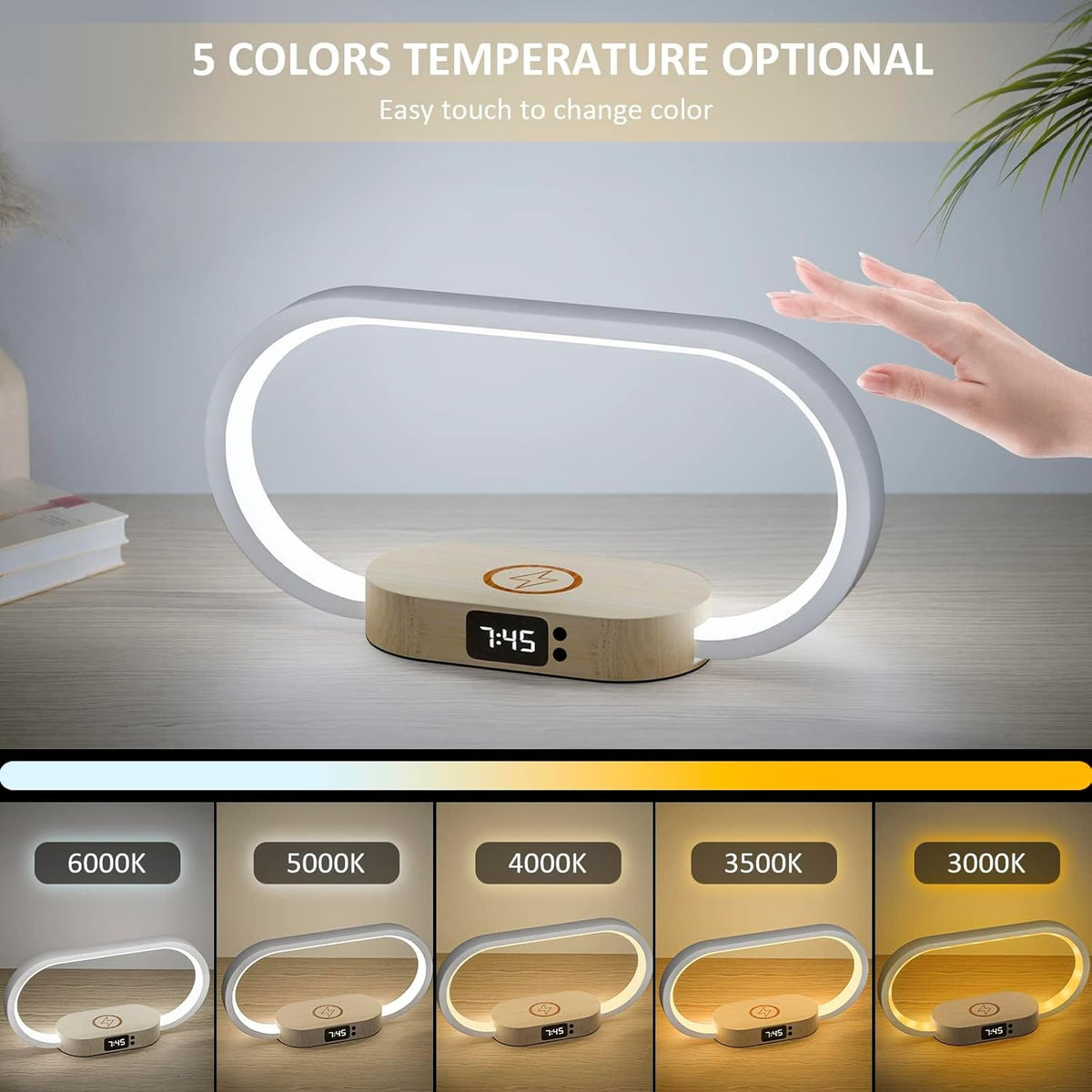 LED Table Lamp with Wireless Charging Pad and Digital Clock | Five Color Modes, Touch Dimming | Wood Base