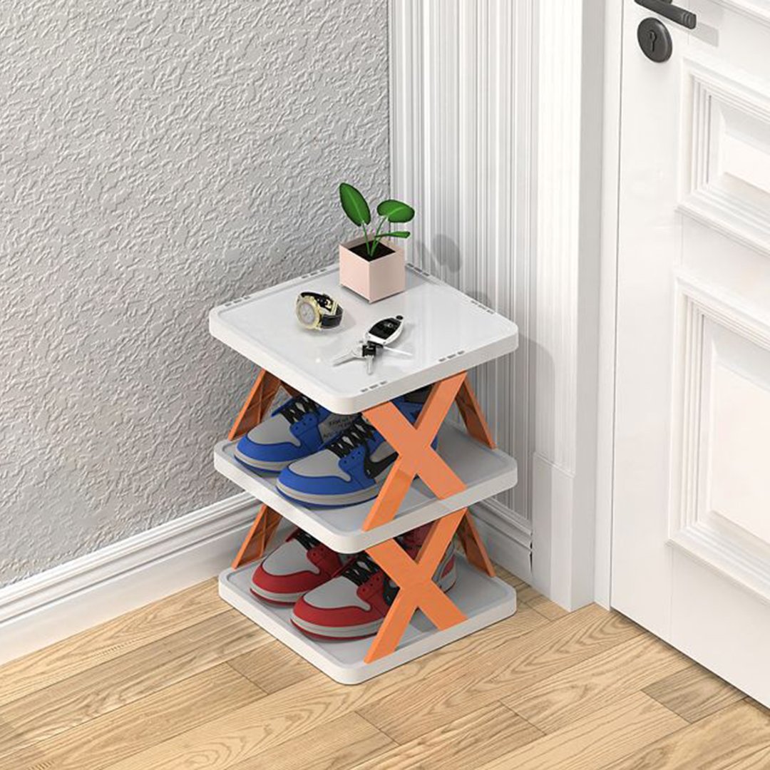Shoe Rack with Three to Eight Vertical Tiers for Narrow Halls | Side Guards and a Top Shelf | Waterproof PP in Orange, Blue or Green