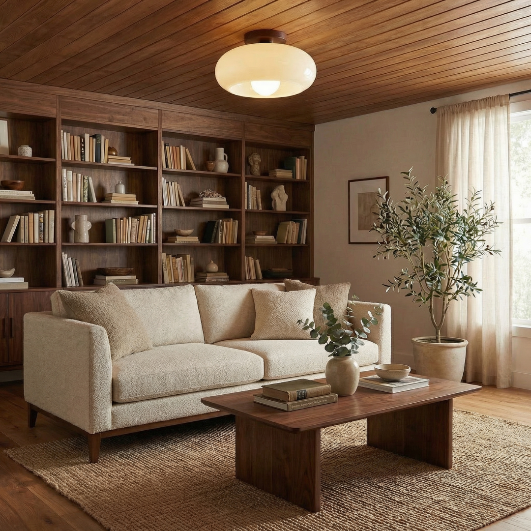 Bauhaus Glass Ceiling Light with Wood-Toned Base | Cream Glass Shade | Soft Diffused Glow for Bedrooms and Hallways