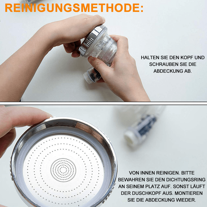 Filtered Shower Head with a Mineral Bead Cartridge | Three Spray Modes on a Turn Ring: Massage, Jet and Rainfall