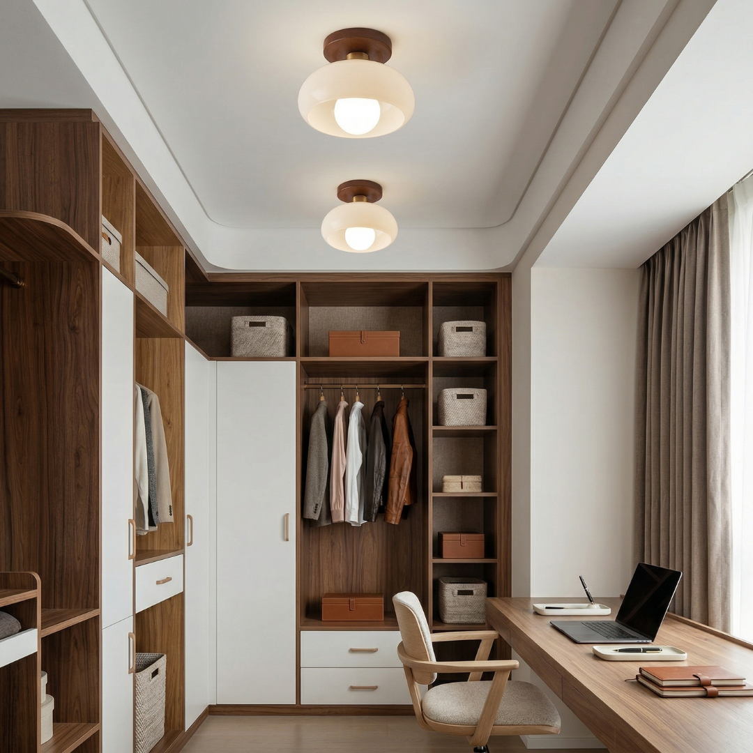 Bauhaus Glass Ceiling Light with Wood-Toned Base | Cream Glass Shade | Soft Diffused Glow for Bedrooms and Hallways