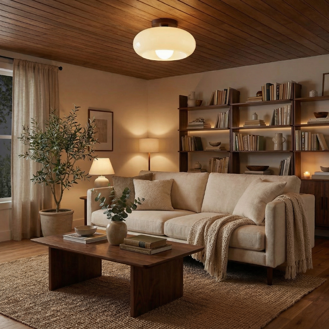Bauhaus Glass Ceiling Light with Wood-Toned Base | Cream Glass Shade | Soft Diffused Glow for Bedrooms and Hallways