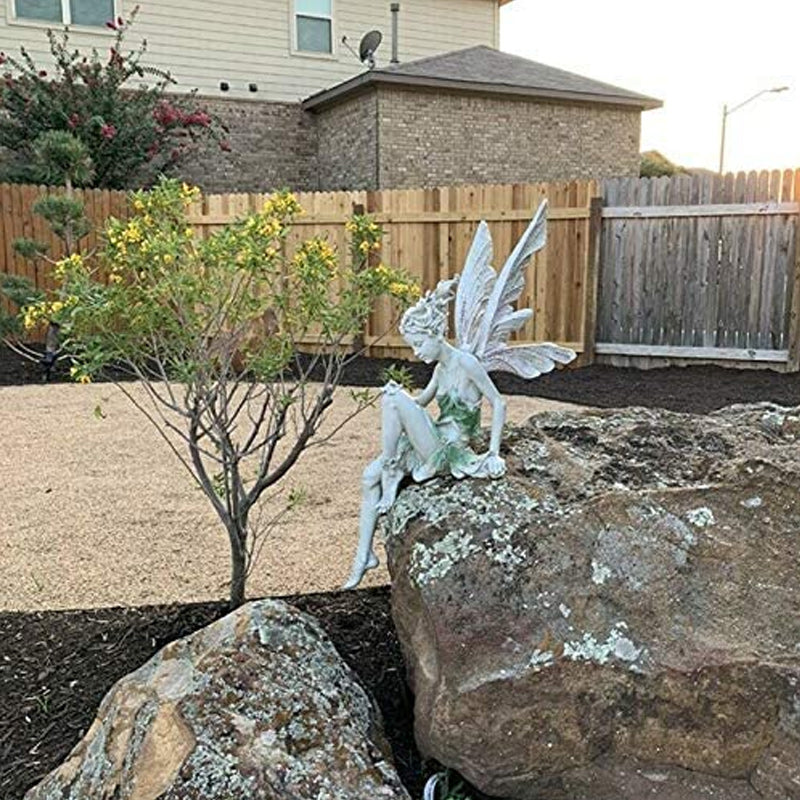 Sitting Fairy Statue with Detailed Wings | Resin Garden Ornaments for a Wall, Ledge or Table Edge | Two Finishes, No Fixings