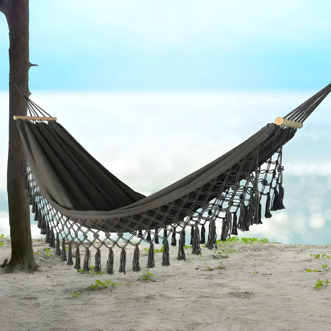 Boho Cotton Hammock with Wooden Bars for Indoor Outdoor Use