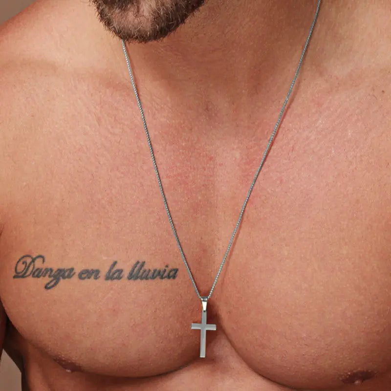 Mens Cross Pendant Necklace in Stainless Steel | Polished Gold or Silver Finish | 24 Inch Chain