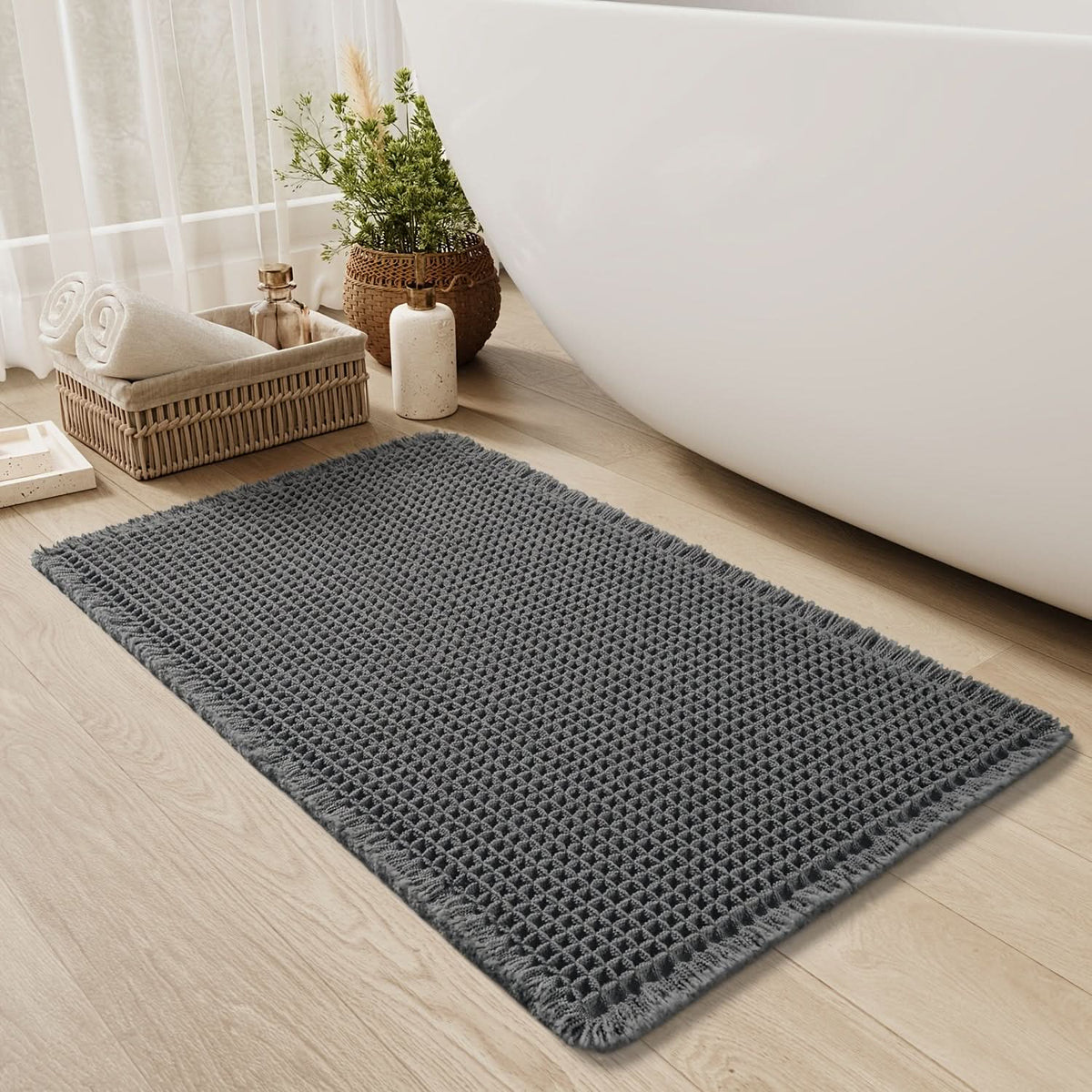 AbsorbEase | Waffle Bath Mat with Fringes - Quick-Dry & Non-Slip