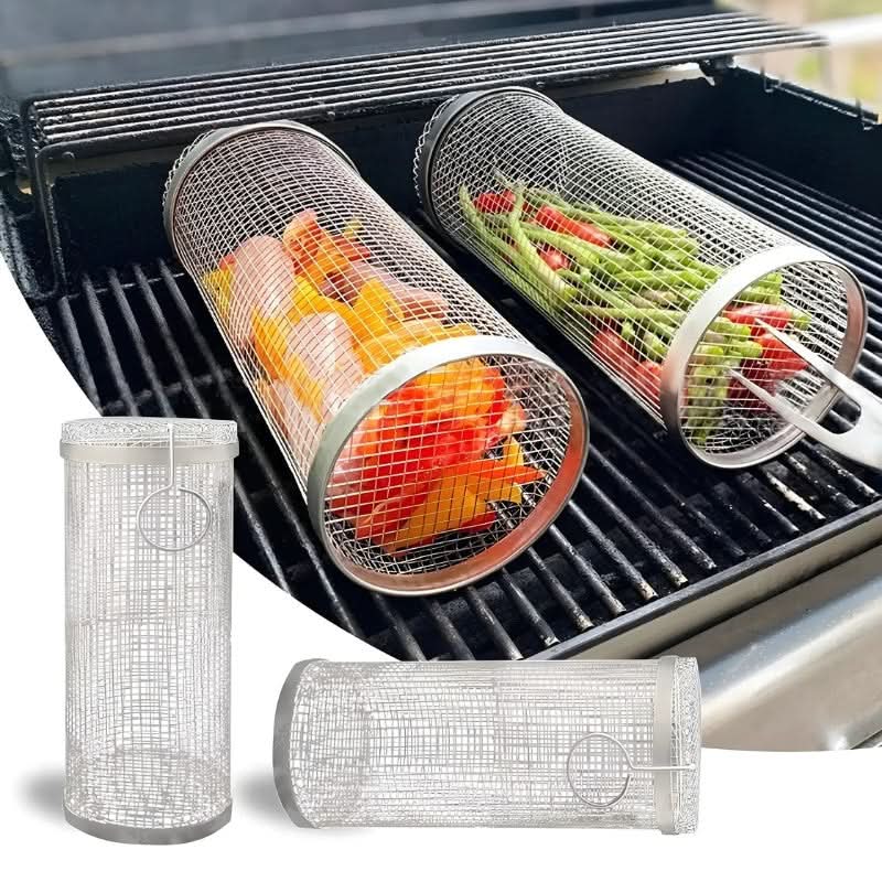 Stainless Steel BBQ Grill Basket with Cylindrical Design | Rotating for Even Cooking | Secure Closure for Vegetables and Meat