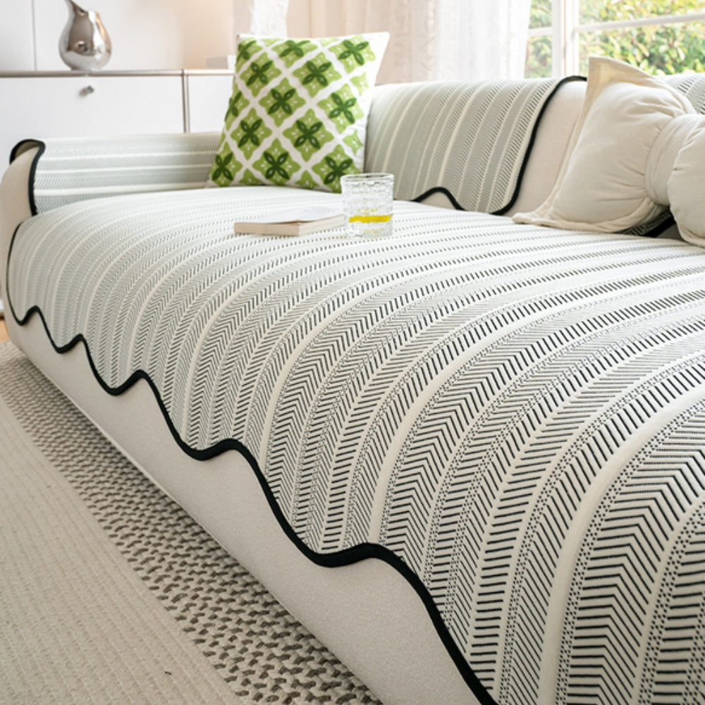 Herringbone Sofa Cover with Scalloped Edge | Woven Pattern Design | Protects and Refreshes Your Living Room Seating
