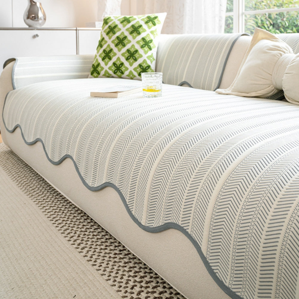 Herringbone Sofa Cover with Scalloped Edge | Woven Pattern Design | Protects and Refreshes Your Living Room Seating