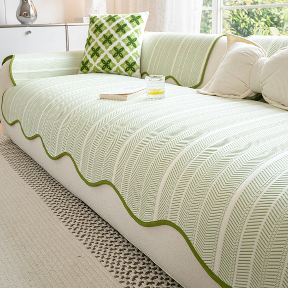 Herringbone Sofa Cover with Scalloped Edge | Woven Pattern Design | Protects and Refreshes Your Living Room Seating
