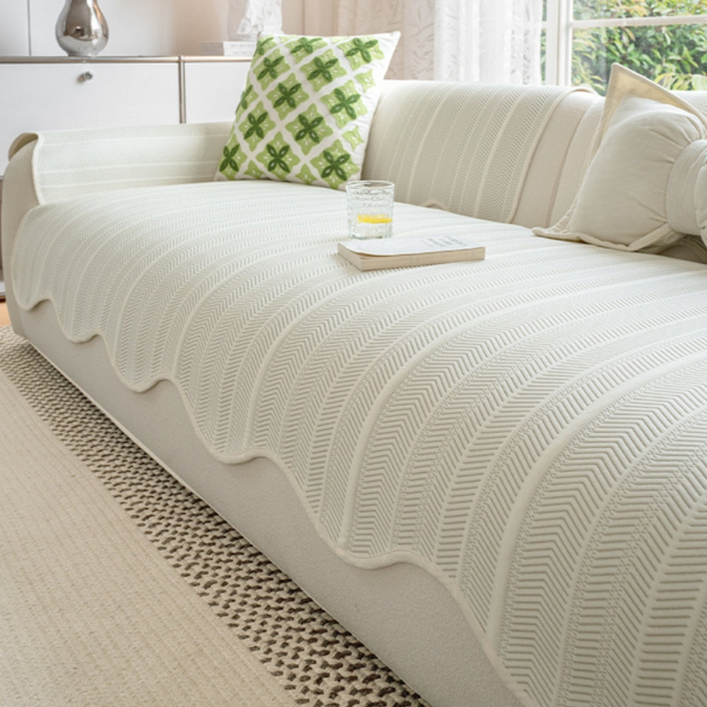Herringbone Sofa Cover with Scalloped Edge | Woven Pattern Design | Protects and Refreshes Your Living Room Seating