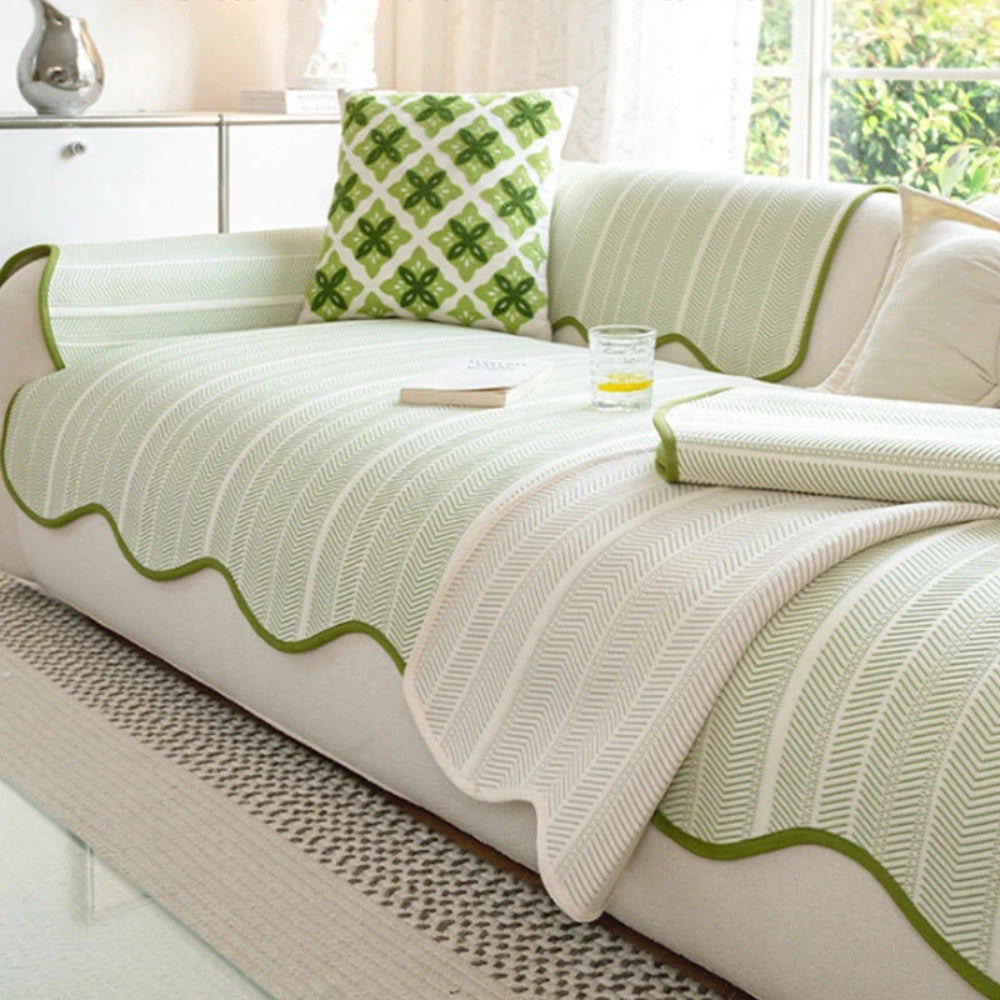 Herringbone Sofa Cover with Scalloped Edge | Woven Pattern Design | Protects and Refreshes Your Living Room Seating