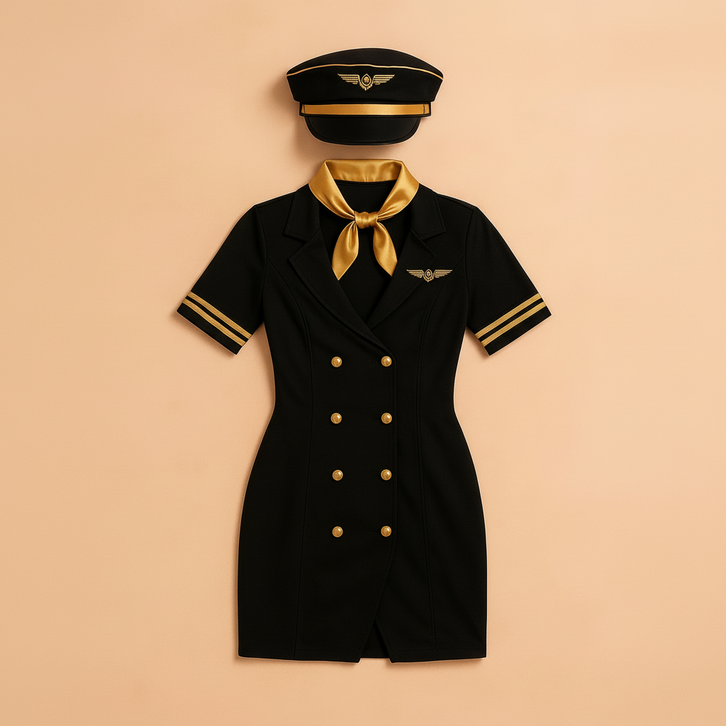 Women's cabin crew Halloween costume dress in black and gold