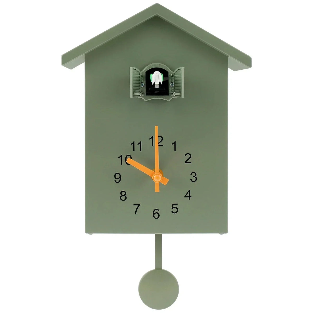 Cuckoo Wall Clock with a Swinging Pendulum and Bird Door | Plain Molded Plastic Case, 9.8 x 7.9 in | Green or White